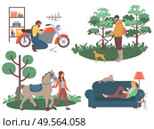 Motorbike repairing mechanics garage vector, interest of biker, reading woman. Horse and lady, hunting person with dog on nature, hobby characters. People with Hobbies, Reading Hunting Equine Sports. Стоковая иллюстрация, агентство Ingram Publishing / Фотобанк Лори