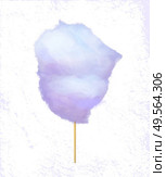 Cotton candy on wooden stick, postcard in purple color decorated by sweet or sugar wadding on floss, fluffy dessert, delicious sign vector. Sugar Wadding on Floss, Cotton Candy Label Vector. Стоковая иллюстрация, агентство Ingram Publishing / Фотобанк Лори
