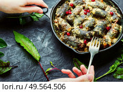 Frying pan with cooked oriental dolma in hands.Appetizing oriental food.Dolma in grape leaves.. Eastern dolma or sarma. Стоковое фото, агентство Ingram Publishing / Фотобанк Лори