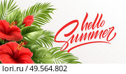 Hello summer handwriting lettering with tropical exotic palm leaves and hibiscus flowers isolated on white background. Vector illustration EPS10. Hello summer handwriting lettering with tropical exotic palm leaves and hibiscus flowers isolated on white background. Vector illustration. Стоковая иллюстрация, агентство Ingram Publishing / Фотобанк Лори