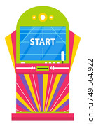 Playing game machine vector, isolated machinery to entertain. Electronic device with start saying on screen. Computer with monitor and gaming control. Game Machine with Start Command on Screen Playing. Стоковая иллюстрация, агентство Ingram Publishing / Фотобанк Лори