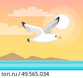 Flying seagull, closeup and side view of seabird, water and pyramids, sunshine and clouds. Summer cover or papercard with bird, sea and sun vector. Summer Papercard with Flying Seagull, Sea Vector. Стоковая иллюстрация, агентство Ingram Publishing / Фотобанк Лори