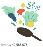 Cook hobby, frying pan with vegetables. Label decorated by bell pepper, zucchini and green, ingredients symbols, cookery decoration element, hobby vector. Frying Pen with Vegetables, Cookery Hobby Vector. Стоковая иллюстрация, агентство Ingram Publishing / Фотобанк Лори