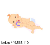 Baby lying on his back and playing with rattle isolated. Vector newborn toddler, milestones from 1 to 6 month cartoon boy or girl on white, son or daughter. Baby Lying on Back and Plays with Rattle Isolated. Стоковая иллюстрация, агентство Ingram Publishing / Фотобанк Лори