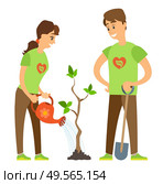 Volunteers woman and man seedling and watering tree, people activists holding watering-pot and shovel, caring with plant, sprout with leaves, eco vector. Gardening Plant, Watering Pot and Shovel Vector. Стоковая иллюстрация, агентство Ingram Publishing / Фотобанк Лори