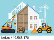 Construction of building vector, machinery working in area. Crane with hook lifter, tractor and bulldozer, loader transporting cargo in container. Crane Machinery and Building Construction Vector. Стоковая иллюстрация, агентство Ingram Publishing / Фотобанк Лори