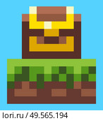 Pixel game graphics vector, wooden box with sealed wealth for lucky finder, locked casket with richness, pixelated container with coins and gold on ground. Pixel Game Treasure Casket with Wealth and Coins. Стоковая иллюстрация, агентство Ingram Publishing / Фотобанк Лори