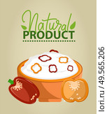 Natural product vector, porridge food prepared in bowl, vegetables or veggies bell pepper with seeds, paprika and seasoning of salad with mayo flat style, natural food for healthy lifestyle. Natural Product Meal in Bowl Salad and Bell Pepper. Стоковая иллюстрация, агентство Ingram Publishing / Фотобанк Лори