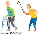 Aged woman scolds disabled elderly man vector, emotional people, senior person with invalid crutches running away looking back, wooden stick of lady. Old Lady with Stick, Angry Woman Yelling at Male. Стоковая иллюстрация, агентство Ingram Publishing / Фотобанк Лори