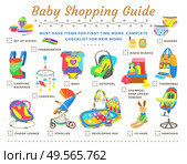 Baby shopping guide. Items for first time moms. Colorful complete checklist for new mommies. Developing rug, radio nyanya, carrying bag, stroller vector. Objects for newborn baby. Guide for new mother. Baby Shopping Guide Checklist Vector Illustration. Стоковая иллюстрация, агентство Ingram Publishing / Фотобанк Лори