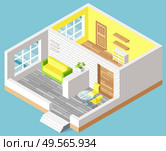 Design of apartment, door and bedside table, shelf and sofa, table with chairs. Interior of room with furniture, contemporary 3d view of house vector. House Interior, furniture Indoor, Moving Vector. Стоковая иллюстрация, агентство Ingram Publishing / Фотобанк Лори