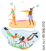 Couple wearing swimming suits and playing badminton on summer beach. Man and woman in swimming goggles snorkeling in turquoise water. Beach and recreation vector. Flat cartoon. Summertime activity. Beach Badminton, Snorkeling, Beach Activities. Стоковая иллюстрация, агентство Ingram Publishing / Фотобанк Лори