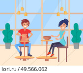 Artists learning to make pots from clay vector, man and woman students in university. Boy and girl, pottery hobby of people smiling sitting on chairs. Flat cartoon. Pottery Classes, Youth Students in Class Vector. Стоковая иллюстрация, агентство Ingram Publishing / Фотобанк Лори