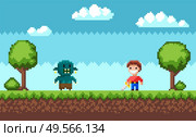 Pixelated knight holding steel standing near geek with teeth, 8 bit portrait view of monster and cavalier characters, hero battle in video-game, duel between opponent, pixel game vector. Duel of Monster and Knight with Galive Vector. Стоковая иллюстрация, агентство Ingram Publishing / Фотобанк Лори