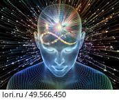 Luminous Thought. Lucid Mind series. Arrangement of 3D rendering of glowing wire mesh human face on theme of artificial intelligence, human consciousness and spiritual AI. Стоковое фото, агентство Ingram Publishing / Фотобанк Лори
