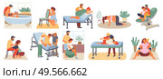 Position of pregnant woman, reproduction set, man obstetrics. Female with belly giving birth on floor, chair and ball, bath. Husband helps childbirth. Childbirth labor positions and postures at home. Pregnant Woman, Birth Positions, Infant Vector. Стоковая иллюстрация, агентство Ingram Publishing / Фотобанк Лори