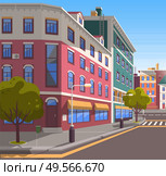 Town with buildings and empty street, 3d look of city road and houses. Bushes and trees, greenery cityscape. Skyline, crossroad with zebra. Cityscape with houses facades. Ubran landscape. Flat cartoon. Modern City Street, Realistic Tranquil Town Look. Стоковая иллюстрация, агентство Ingram Publishing / Фотобанк Лори