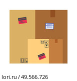 Box containing product vector, isolated delivering container with fragile emblem and adhesive tape flat style. Delivery and shipment of cargo, empty package. Flat cartoon. Carton Package with Different Marked Labels Box. Стоковая иллюстрация, агентство Ingram Publishing / Фотобанк Лори