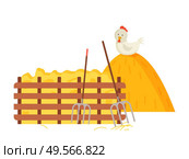 Farming atmosphere vector, farm with hayfork tool and hay bale flat style. Dried grass and wooden fence, chicken sitting on pile, pitchfork and instruments. Flat cartoon. Hayfork and Hay Bale, Chicken and Wooden Fence. Стоковая иллюстрация, агентство Ingram Publishing / Фотобанк Лори