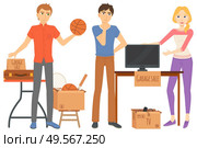 Young people managing garage sale. Unnecessary things. TV household and sport items lying on table. Flea market concept flat design vector. Garage sale event for sale used goods. Flat cartoon. Garage Sale, Household and Sport Items Vector. Стоковая иллюстрация, агентство Ingram Publishing / Фотобанк Лори
