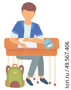 Boy sitting by desk in school vector, isolated schoolboy with book and textbook writing ideas on subject. Satchel bag on floor, education in college. Back to school concept. Flat cartoon. Schoolboy Doing Homework Assignments at Lesson. Стоковая иллюстрация, агентство Ingram Publishing / Фотобанк Лори
