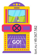 Game machine with screen vector, isolated arcade on monitor. Car racing on road, entertainment in free time, pastime and hobby. Playing racing competition. Win money in slot mashine. Flat cartoon. Arcade Game for Adults and Kids, 8bit Machine. Стоковая иллюстрация, агентство Ingram Publishing / Фотобанк Лори
