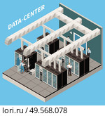 Datacenter isometric and colored icon set room with servers and working engineers vector illustration. Стоковая иллюстрация, агентство Ingram Publishing / Фотобанк Лори