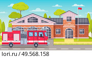 Firefighters cartoon composition with outdoor landscape and fire fighting vehicle in front of fire department building vector illustration. Стоковая иллюстрация, агентство Ingram Publishing / Фотобанк Лори