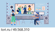 Recording studio flat composition with indoor view of music record label with sound engineer and band vector illustration. Стоковая иллюстрация, агентство Ingram Publishing / Фотобанк Лори