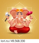 Elephant headed hindu god ganesha holding flower radiating light with outline mandala golden background poster vector illustration. Стоковая иллюстрация, агентство Ingram Publishing / Фотобанк Лори