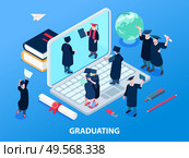 Graduating students and degree concept with academic staff symbols isometric vector illustration. Стоковая иллюстрация, агентство Ingram Publishing / Фотобанк Лори
