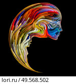 Soul Mates series. Female facial features and male silhouette joined into half of yin yang shape symbol with brushstrokes of digital paint. Illustration on subject of love, romance, art and forces in Nature. Стоковое фото, агентство Ingram Publishing / Фотобанк Лори
