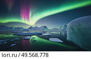 Beautiful Arctic landscape features a calm lake surrounded by ice and snowy mountains. Стоковое AI-видео, аниматор Анжелика Самсонова / Фотобанк Лори