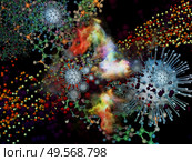 3D Rendering of  Coronavirus virus particle and three-dimensional abstract molecular elements on the subject of interaction of viral bodies and micro environment or immune system. Стоковое фото, агентство Ingram Publishing / Фотобанк Лори