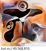 Enter the Virus series. Dramatic composition of prehistoric petroglyphs, human, swan and viral silhouettes on the subject of infection, death, dying, poetry and spiritual dimension. Стоковое фото, агентство Ingram Publishing / Фотобанк Лори
