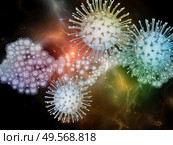 Coronavirus Reality. Viral Epidemic series. 3D Illustration of  Coronavirus particles and micro space elements to complement designs on the subject of virus, epidemic, infection, disease and health. Стоковое фото, агентство Ingram Publishing / Фотобанк Лори