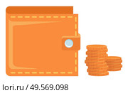 Financial assets, isolated leather wallet and coins. Gold color of dollars laying by object for banknotes, profit and finance stability benefit. Vector illustration in flat cartoon style. Leather Wallet with Cash, Money Coins Finance. Стоковое фото, агентство Ingram Publishing / Фотобанк Лори