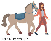 Person with horse, isolated lady with animal and equipment for rider. Leisure time of female with stallion. Pastime and relaxation of character. Vector illustration in flat cartoon style. Equine Sports Hobby of Woman with Horse Vector. Стоковая иллюстрация, агентство Ingram Publishing / Фотобанк Лори