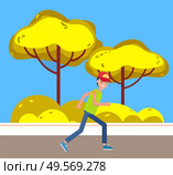 Man jogger running on pathway in city park. Runner run in autumn park. Green trees and bushes growing behind pavement, summer scenery, spring greenery. Vector illustration in flat cartoon style. Man Jogger Running on Pathway City Park Character. Стоковая иллюстрация, агентство Ingram Publishing / Фотобанк Лори