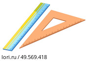 Blue ruler vector, isolated icon of device for measuring object for precision. Triangular ruler. Item decorated with dots, made of plastic material school supply. Back to school concept. Flat cartoon. Ruler for Maths Lessons, School Supplies Closeup. Стоковая иллюстрация, агентство Ingram Publishing / Фотобанк Лори