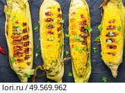 Grilled sweet corn with sauce and spicy.Summer vegan snack. Grilled corn cobs. Стоковое фото, агентство Ingram Publishing / Фотобанк Лори