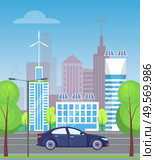 City street, road with trees and greenery. Car riding along skyscrapers and buildings, contemporary megapolis skyline, cityscape infrastructure. Vector illustration in flat cartoon style. Modern City with Skyscrapers and Roads Cars Vector. Стоковая иллюстрация, агентство Ingram Publishing / Фотобанк Лори