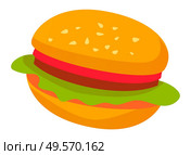 Fast food sign, isolated burger icon. Bun with sesame and lettuce salad leaves and tomato, meat and stuffing. Tasty filling meal snack. Vector illustration in flat cartoon style. Burger with Bun and Lettuce Meat and Greenery. Стоковая иллюстрация, агентство Ingram Publishing / Фотобанк Лори
