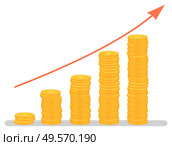 Profit increase graph, investment growth graphic. Coins stack and arrow, business and finance, development chart, banking and economy, statistics. Vector illustration in flat cartoon style. Investment Growth Graphic, Profit Increase Graph. Стоковая иллюстрация, агентство Ingram Publishing / Фотобанк Лори