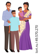 Man and woman of Indian origin, isolated family with kids. Parents and children, lady wearing traditional clothes saree male with glasses. Vector illustration in flat cartoon style. Indian Family Man and Woman with Children Vector. Стоковая иллюстрация, агентство Ingram Publishing / Фотобанк Лори