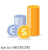 Wealth and money vector, gold and silver coins, euro and dollars deposit and wealthy profits, monetary Investment in bank and banking flat style isolated. Money and Coins, Silver and Gold Financial Assets. Стоковая иллюстрация, агентство Ingram Publishing / Фотобанк Лори