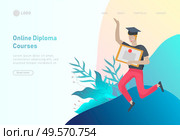 Set of web page design templates with smiling graduates people in graduation gowns holding diplomas and happy Jumping. Modern vector illustration concepts for website and mobile website development. Set of web page design templates with relaxed learning people outdoor for online education, training and courses. Modern vector illustration concepts for website and mobile website. Стоковая иллюстрация, агентство Ingram Publishing / Фотобанк Лори