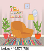 Room interior, empty home with carpet and armchair, houseplant growing in pots. Coffee table with vase and flower, shelves with books and candles. Vector illustration in flat cartoon style. Home Interior, Chair with Houseplants and Carpet. Стоковая иллюстрация, агентство Ingram Publishing / Фотобанк Лори