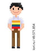 Smiling superhero holding colorful box, portrait and full length view of standing pixel character, geometric person in flat design style, pixel-art vector, pixelated 8 bit game personage. Pixel Character, Geometric Superhero, Game Vector. Стоковая иллюстрация, агентство Ingram Publishing / Фотобанк Лори