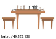 Chess two player strategy game played on checkered board. Playing pieces are divided into white and black sets. Wooden table with checkerboard and figures, and chairs. Vector illustration flat style. Strategy Game Chess, Checkered Board and Figures. Стоковая иллюстрация, агентство Ingram Publishing / Фотобанк Лори